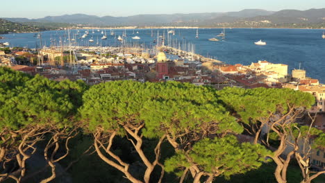 Amazing-aerial-shot-of-Saint-tropez-back-traveling-over-pine-trees-and-citadel
